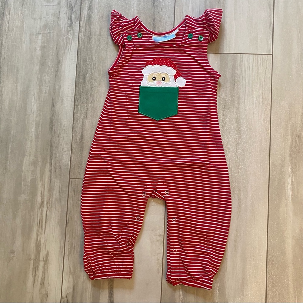 NWT Trotter Street Kids Red and White Striped Santa Overall Romper girls 9M